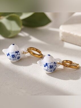 Hoop Earrings with White & Blue Porcelain Teapot Charms - Women Jewelry